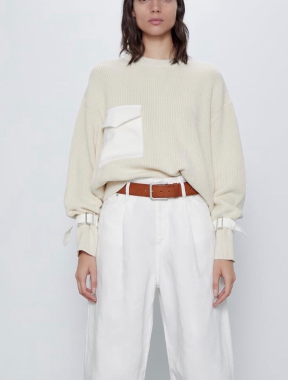 ZARA Cream Rib-Knit Sweater with Pocket Oversized Small